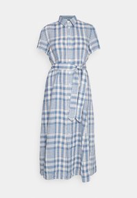 Modrá a bílá kostkovaná midi šaty s krátkými rukávy, knoflíkovým předním zapínáním, límcem a odpovídajícím pásem ze stejné látky uvázaným v pase.