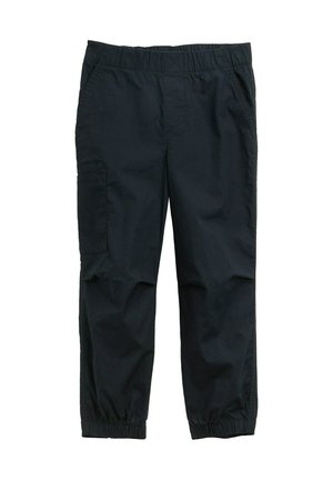 Pantalons cargo noirs, légers, avec une taille élastique, des poches latérales et un ourlet resserré. Fabriqués dans un tissu lisse avec une texture subtile.