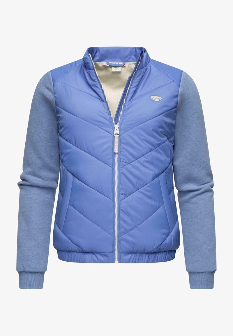 Veste bleu clair à fermeture éclair avec devant matelassé et manches longues en tissu lisse, ornée d’un petit logo sur la poitrine gauche.
