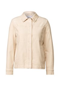 Beige lättviktig jacka i bomull med krage, knappstängning fram och två bröstfickor. Texturerad, rak skärning.