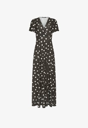 Sort midi-kjole i omslagsstil med korte pufærmer og hvidt polkaprikket mønster, tætsiddende talje og flydende nederdel.
