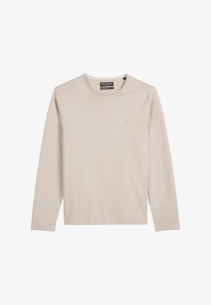 Beige langemouw t-shirt van zachte stof, met een ronde halslijn en een subtiele logo-borduring op de borst. Zachte textuur overal.