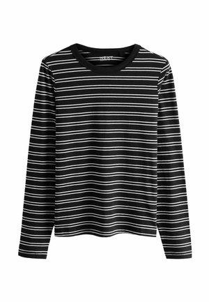 Chemise noire à manches longues avec des rayures horizontales blanches et un col rond.
