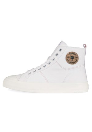 Sneaker alto bianco in tela con occhielli metallici, suola in gomma e logo rotondo in sughero sul lato della caviglia.