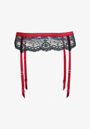 Red satin garter belt with black lace trim featuring floral patterns, adjustable straps, and metal clips for fastening.