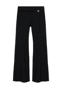 Pantalon noir à jambes larges avec une taille haute et une fine ceinture à cordon nouée sur le côté droit avec un petit détail argenté.