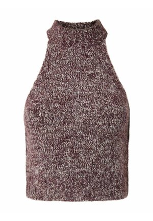 Haut sans manches en tricot marbré violet et blanc, avec un col montant et des bordures côtelées.