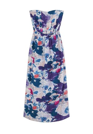 Stropeløs maxi-kjole i blomstret stof med nuancer af lilla, blå og pink. Glat tekstur med samlet talje og svævende silhuet.