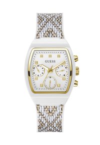Montre rectangulaire blanche avec des accents dorés et un bracelet tissé texturé en beige et blanc. Elle dispose de trois sous-cadrans et de marqueurs carrés.