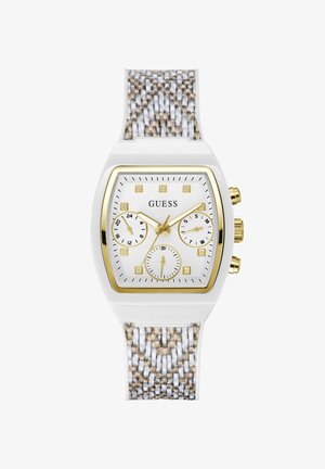 Orologio rettangolare bianco con dettagli dorati e un cinturino texturizzato intrecciato in beige e bianco. Presenta tre quadranti secondari e indicatori quadrati.