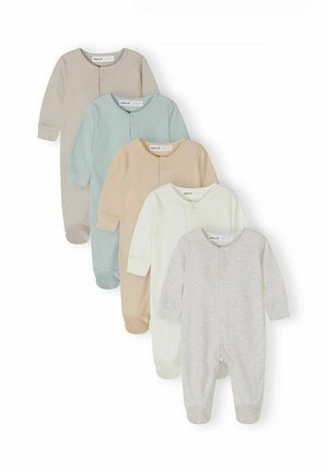Cinque body per bambini a manica lunga con piedini, nei colori beige, verde tenue, marrone chiaro, avorio e grigio chiaro, disposti in sovrapposizione su sfondo bianco.