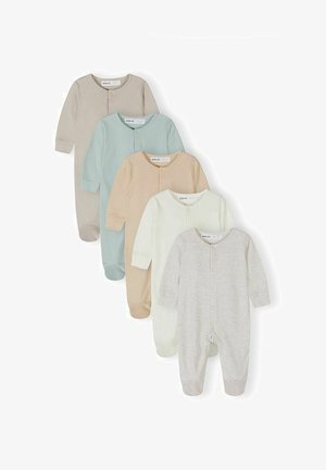Cinq grenouillères pour bébé à manches longues et pieds, de couleurs beige, vert doux, marron clair, blanc cassé et gris clair, disposées en chevauchement sur un fond blanc.