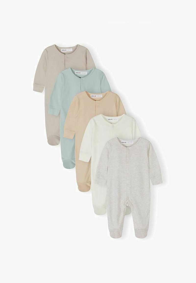 Cinq grenouillères pour bébé à manches longues et pieds, de couleurs beige, vert doux, marron clair, blanc cassé et gris clair, disposées en chevauchement sur un fond blanc.