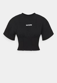 Camiseta corta negra de algodón con mangas cortas, que presenta un logo blanco de "SIXTH JUNE" en el pecho y una banda ajustada en la cintura.