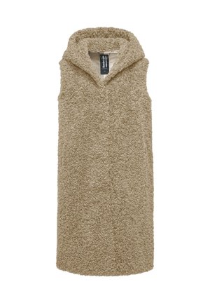 Beige mouwloze vest van een gestructureerde, fluffy stof. Heeft een capuchon en een ontspannen pasvorm. Geen sluitingen zichtbaar.