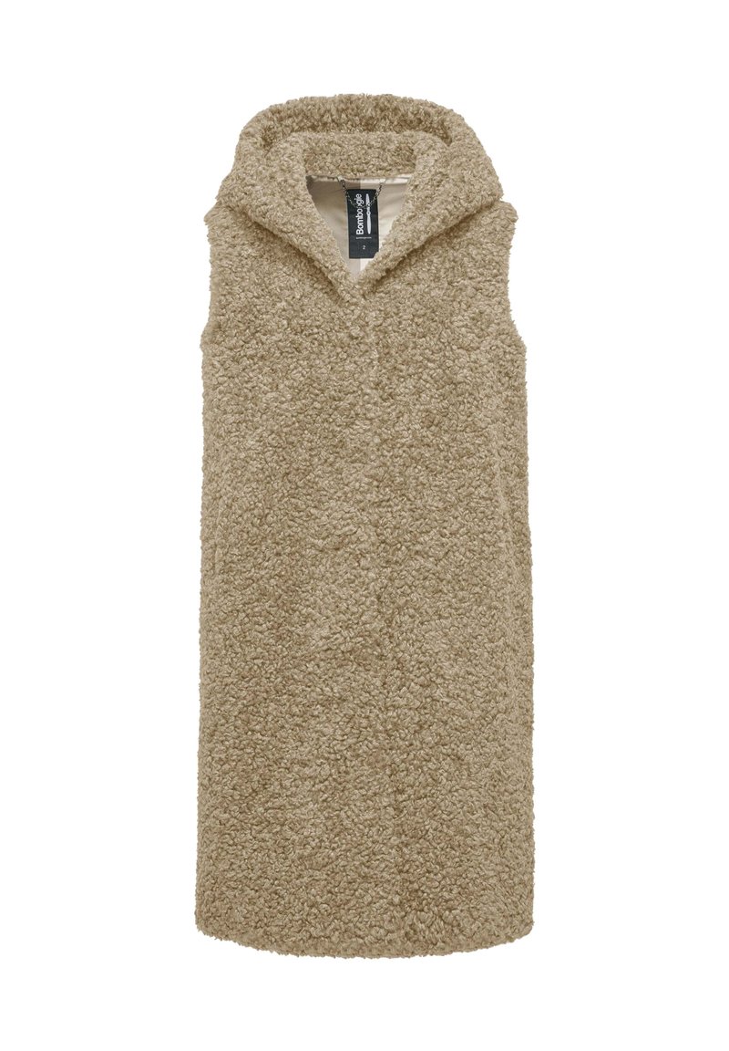 Gilet beige senza maniche realizzato in un tessuto testurizzato e morbido. Presenta un cappuccio e una vestibilità rilassata. Senza chiusure visibili.