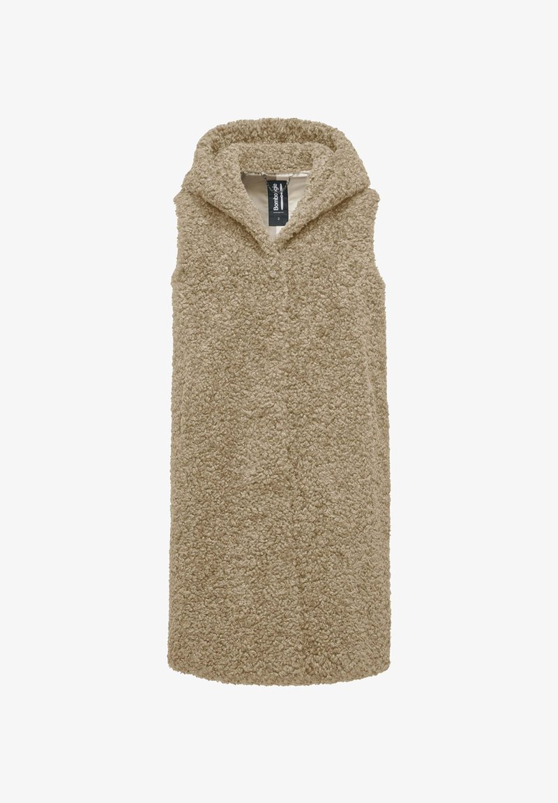 Beige ärmellose Weste aus einem strukturierten, flauschigen Stoff. Verfügt über eine Kapuze und einen lockeren Schnitt. Keine sichtbaren Verschlüsse.