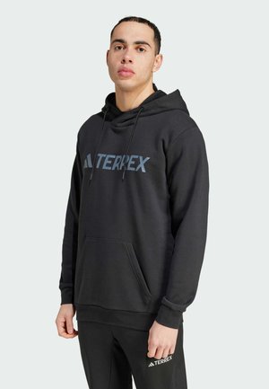 Sort hoodie med en front kangaroo lomme, justerbart snoretræk og et blåt "TERREX" logo på tværs af brystet. Blød tekstur.