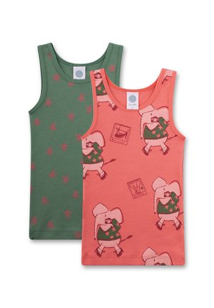 Zwei Muskelshirts: eines in grün mit rotem Sternmuster und eines in Koralle mit einem Elefantendesign, der eine Kamera hält. Beide haben einen runden Ausschnitt.
