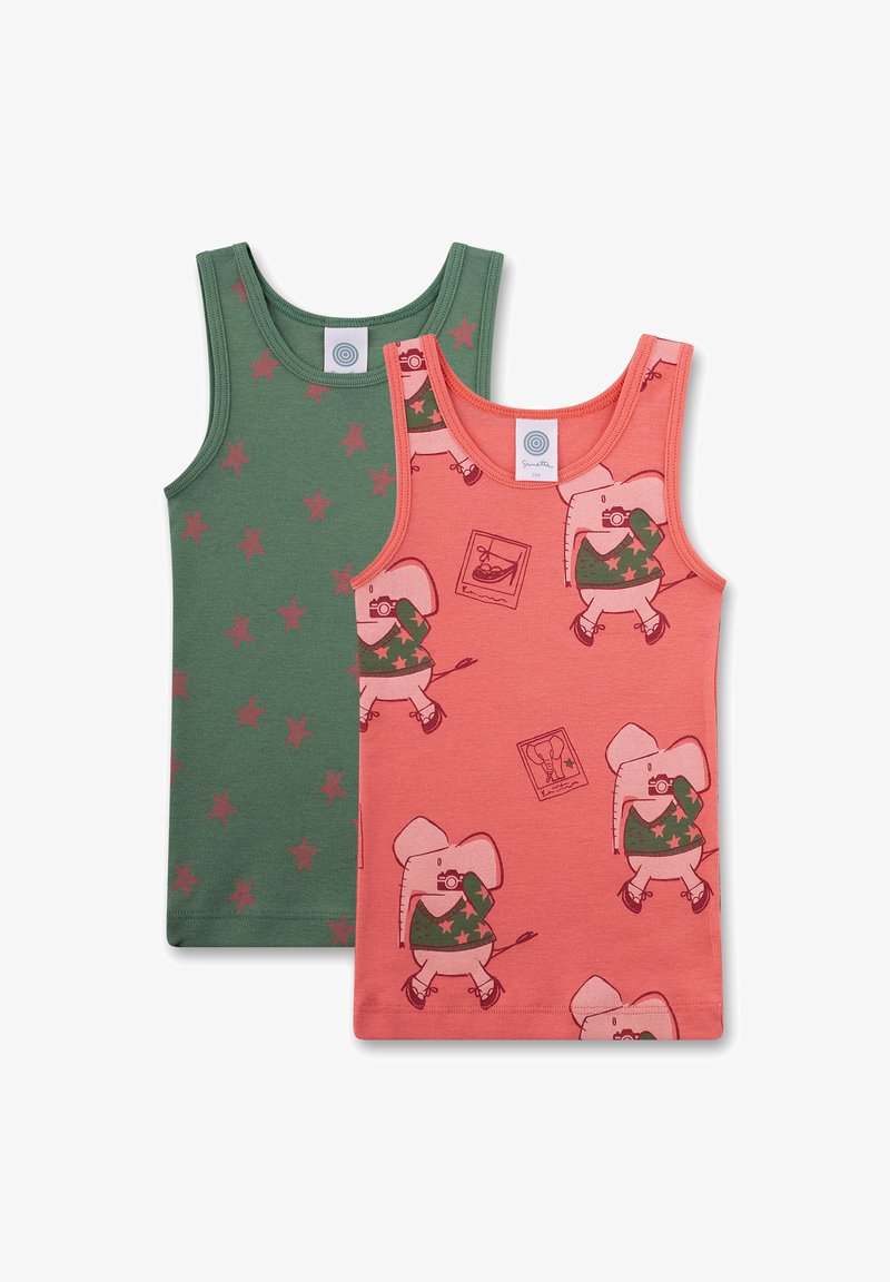 Two tank tops: one green with red star pattern, and one coral with an elephant design holding a camera. Both feature round necks.