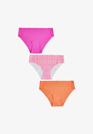 Drei Damenslips im Bikini-Stil in einfarbigem Pink, gemustertem Pink und einfarbigem Orange, jeweils mit gezackten Rändern, vertikal angeordnet.