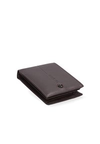 Portafoglio in pelle marrone dalla texture liscia, con una patta frontale e una chiusura a bottone, progettato in una forma rettangolare compatta.