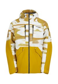 Gul og hvid mønstret jakke med hætte, to brystlommer og to sidelommer, fremstillet af vandtæt materiale med sorte lynlåse.