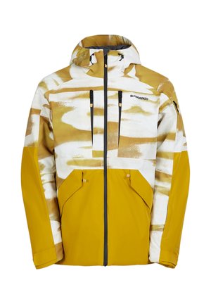 Żółto-biała kurtka w wzory z kapturem, dwoma kieszeniami na piersi i dwoma bocznymi, wykonana z wodoodpornego materiału z czarnymi zamkami błyskawicznymi.