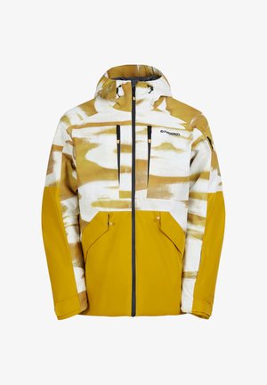 Żółto-biała kurtka w wzory z kapturem, dwoma kieszeniami na piersi i dwoma bocznymi, wykonana z wodoodpornego materiału z czarnymi zamkami błyskawicznymi.