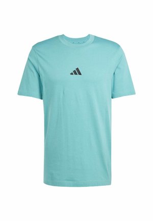 T-shirt in cotone blu acqua con maniche corte e collo rotondo. Caratterizzato dal logo Adidas nero sul petto. Texture liscia, vestibilità regolare.