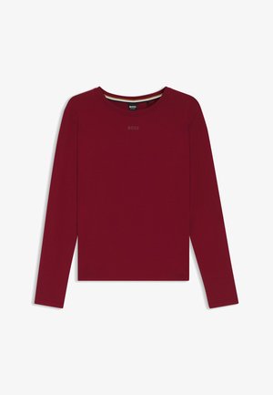 Long-sleeve maroon top made of smooth fabric with a round neckline and a subtle logo. Features a relaxed fit and plain design.