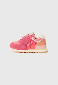 Child's pink sneaker with velcro strap, mesh and suede panels, and a white rubber sole against a plain light background.