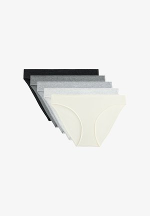 Pięć par damskich bawełnianych majtek w kolorach czarnym, ciemnoszarym, jasnoszarym i białym. Gładka tekstura z elastycznymi paskami w talii i bezszwowym designem.