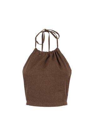Top a halterneck marrone realizzato in tessuto testurizzato, con collo elasticizzato e lacci regolabili sul retro per una vestibilità personalizzabile.