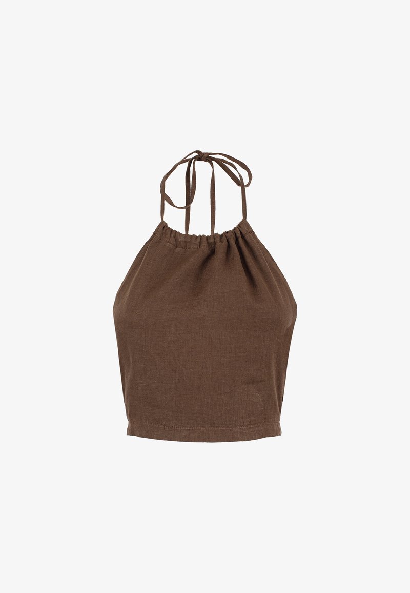 Top a halterneck marrone realizzato in tessuto testurizzato, con collo elasticizzato e lacci regolabili sul retro per una vestibilità personalizzabile.