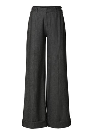 Vide benbukser i mørkegrå stoff, med en skreddersydd design, folder og oppbrettet kant, klassisk midjebånd og subtil tekstur.