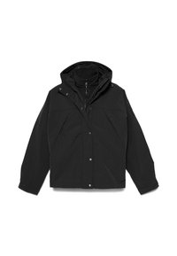 Giacca nera con cappuccio, chiusura con zip, grandi tasche frontali e polsini elasticizzati. Tessuto liscio con finitura opaca.