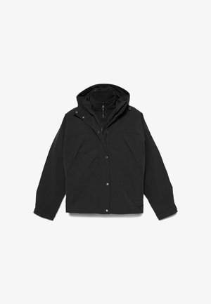 Schwarze Jacke mit Kapuze, Reißverschluss, großen Fronttaschen und elastischen Bündchen. Glattes Material mit matter Oberfläche.
