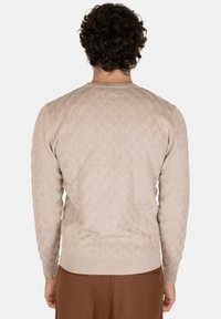 Maglione beige lavorato a maglia con un motivo a diamante testurizzato, polsini e orlo a coste. Collo rotondo. Tessuto liscio e morbido. Vista posteriore mostrata.
