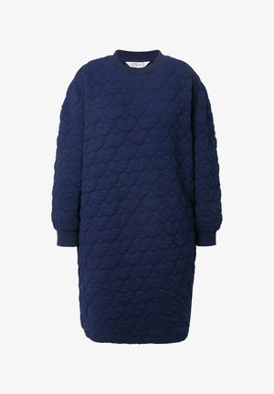 Granatowa pikowana sukienka z długim rękawem, z sercowymi przeszyciami, prążkowanymi mankietami i okrągłym dekoltem.