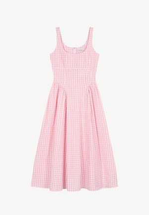 Mouwloze roze-witte geruite jurk met ronde halslijn, aansluitend lijfje, zijsamentrekkingen en uitlopende midi rok.