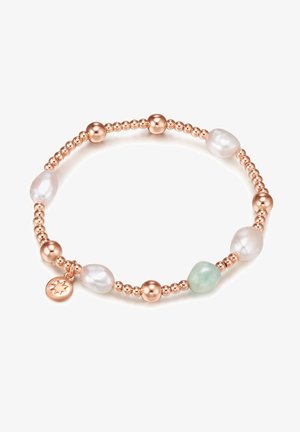Rose gold bracelet featuring round and oval freshwater pearls, jade beads, and small beads, with a star-shaped charm attached.