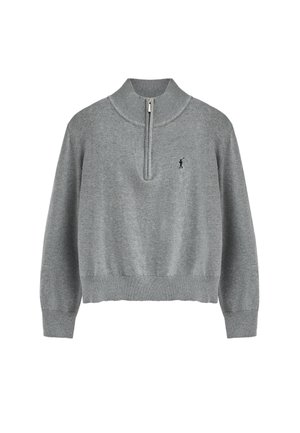 Grijze trui met hoge kraag en een halve rits. Heeft ribbels aan de mouwen en onderkant, met een klein logo op de linkerborst.