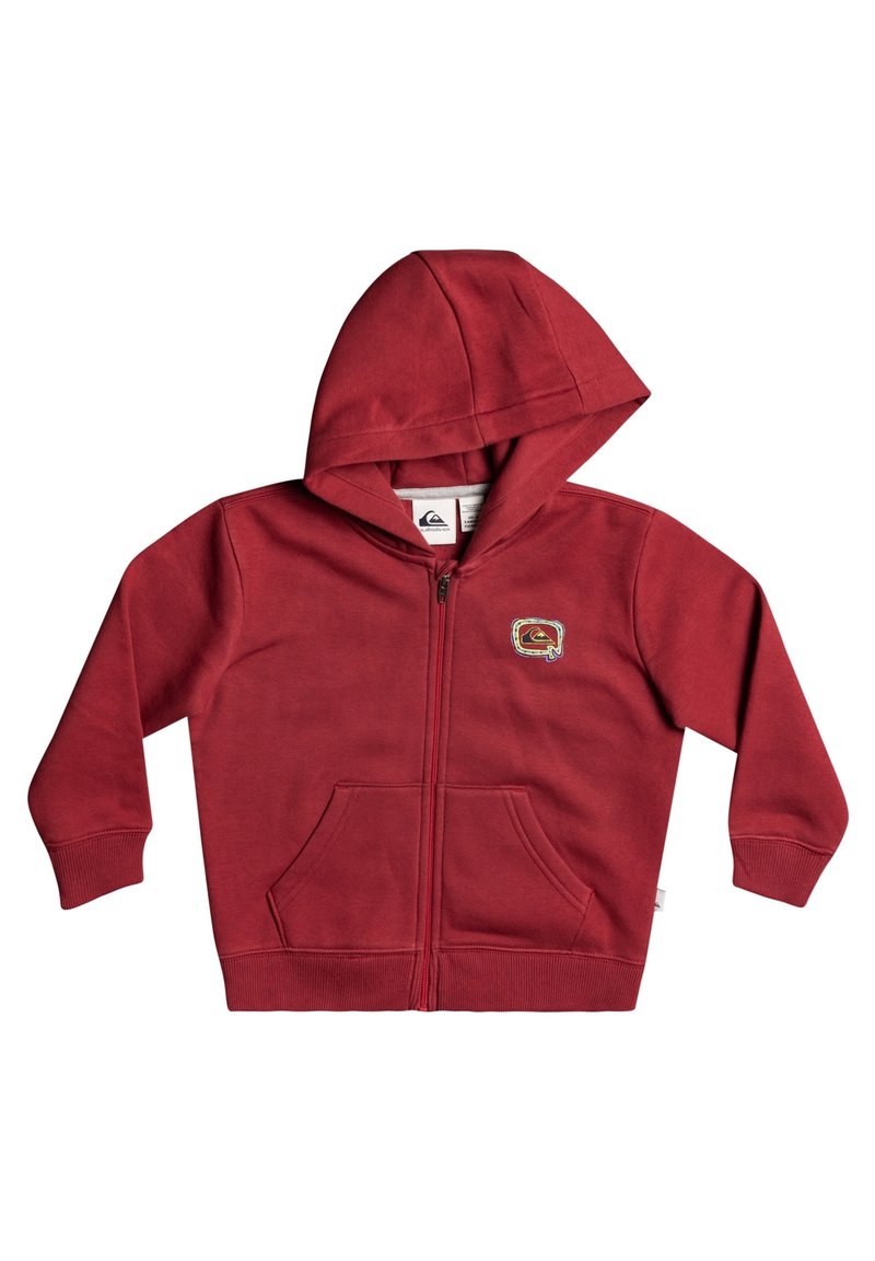 Sweat à capuche zippé rouge en tissu doux avec une poche kangourou, des poignets côtelés et un patch logo sur la poitrine gauche. Comprend une capuche pour plus de chaleur.
