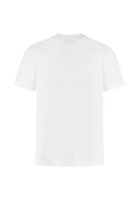 Witte T-shirt met korte mouwen en een ronde hals. Glad textuur, geen graphics of patronen. Casual ontwerp met standaard pasvorm en schone randen.