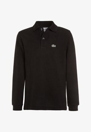 Polo noir à manches longues avec col et deux boutons, avec un petit logo crocodile vert sur la poitrine gauche.