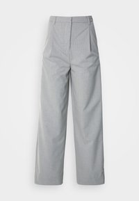 Pantalons larges gris en tissu texturé, avec une taille haute, des plis à l'avant et une coupe droite jusqu'à l'ourlet.