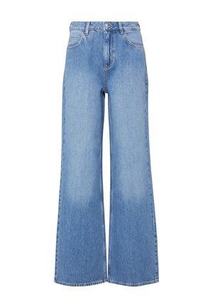 Jasnoniebieskie dżinsy z szerokimi nogawkami, z przednimi kieszeniami, szlufkami na pasek, zapięciem na guzik i zamek.