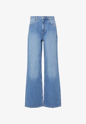 Jasnoniebieskie dżinsy z szerokimi nogawkami, z przednimi kieszeniami, szlufkami na pasek, zapięciem na guzik i zamek.