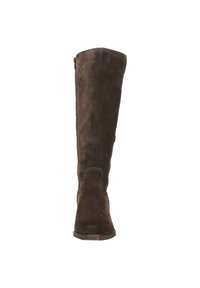 Bruine suède kniehoge laars met een ronde neus en een rits aan de zijkant. Het bovenwerk heeft een gladde textuur en minimale stikseldetails.